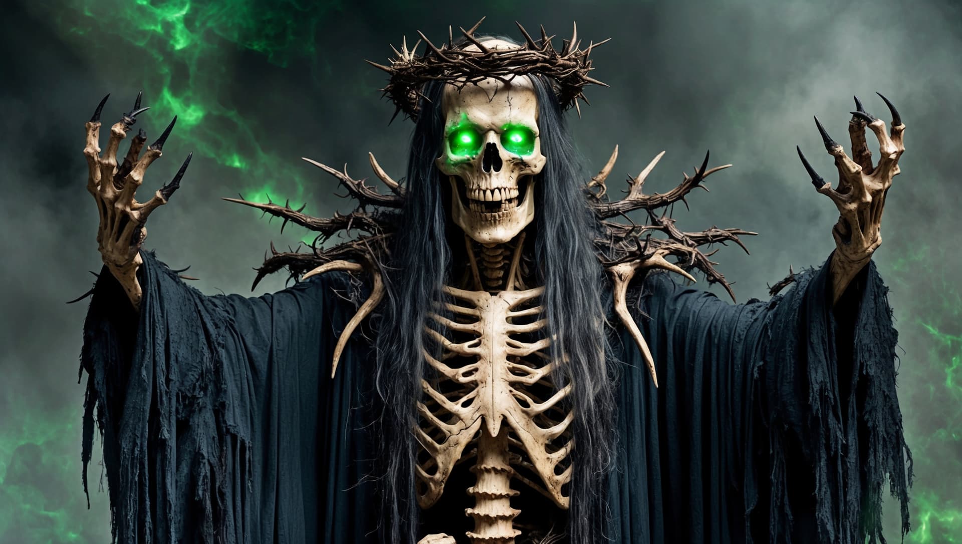 AI generated: A towering, bone-clad necromancer with a crown of twisted thorns, adorned in tattered robes of midni...