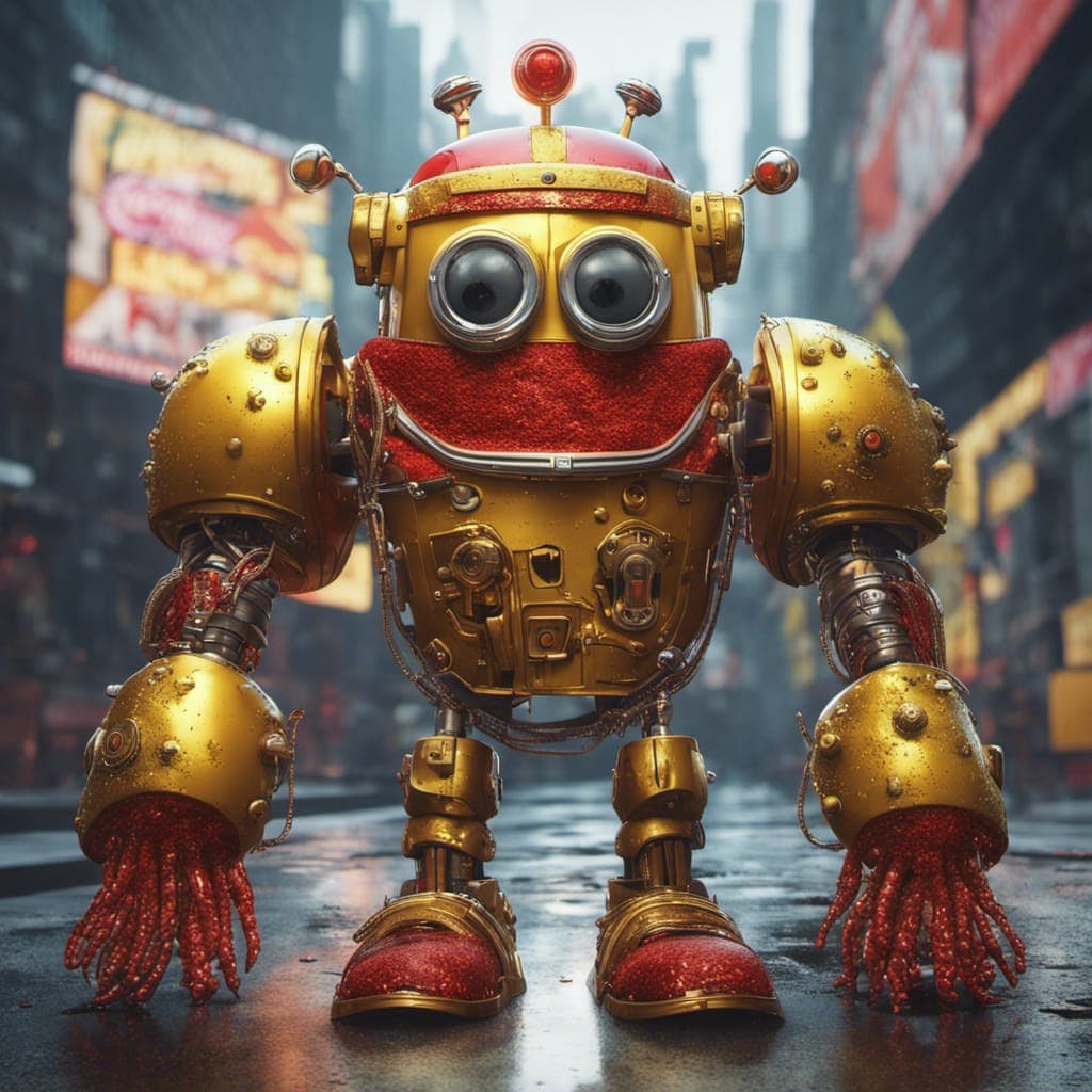 AI generated: an image of SpongeBob, alert pose, cyberpunk style, wearing cyberpunk armor, high detail, octane ren...