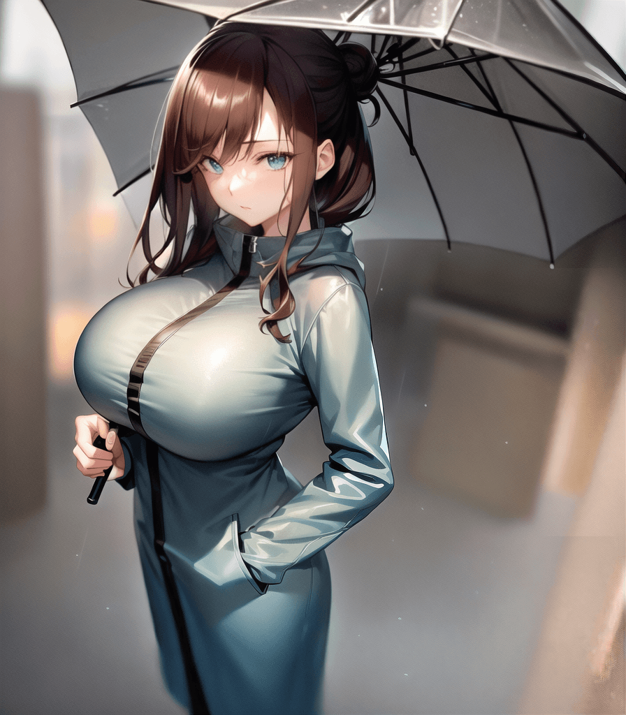AI generated: (perfect anime illustration), hot girl, 1girl, low bun, ((raincoat, raining, standing, bad weather),...