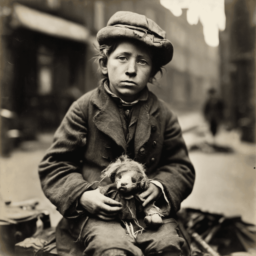 AI generated: A scrappy 12-year-old Victorian-era street urchin, clad in tattered clothing and holding a makeshift...