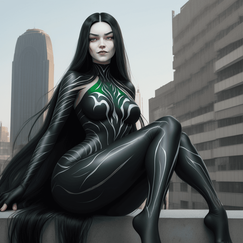 AI generated: 1 young beautiful long black hair woman wearing her venom symbiote with a wide jaw, full body visibl...