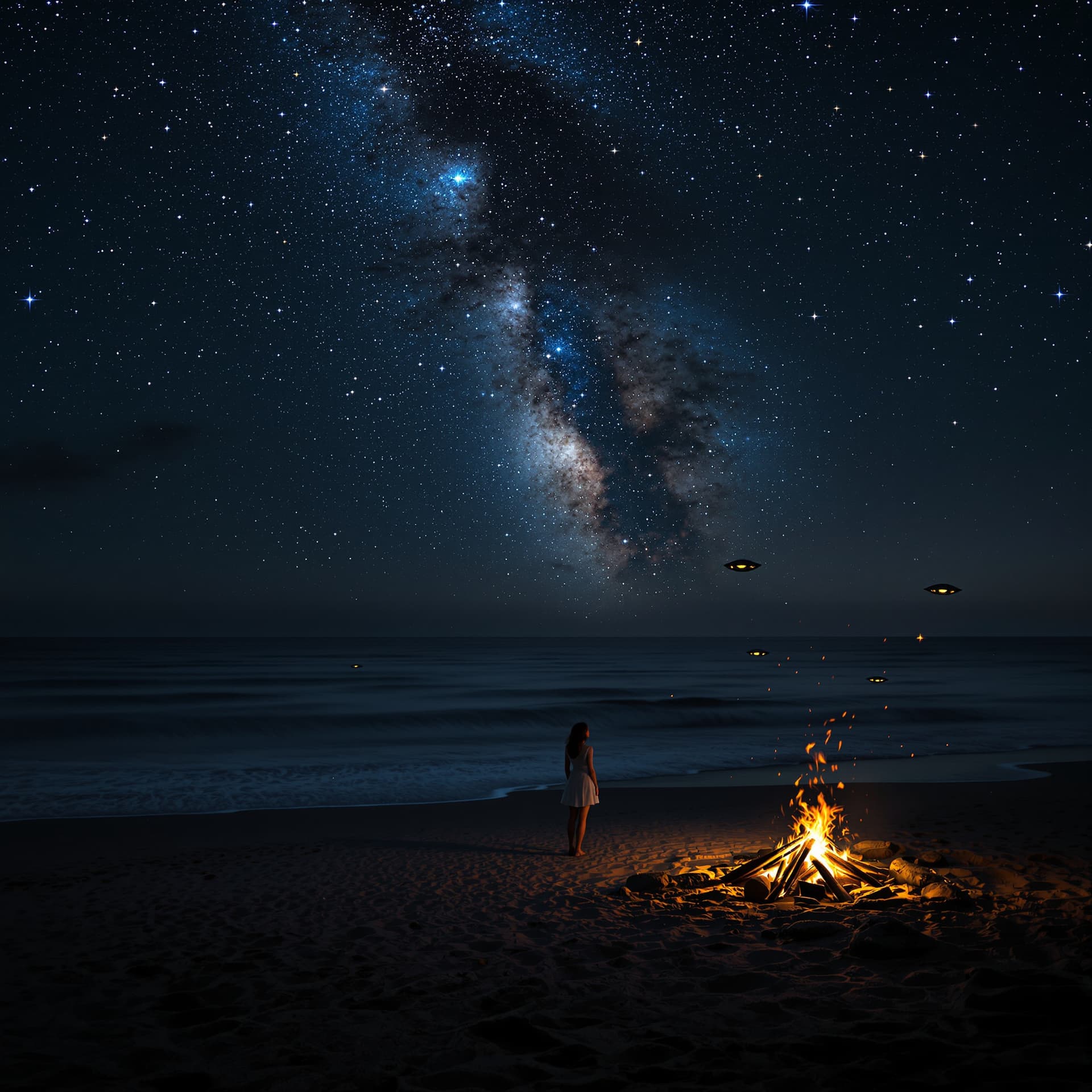 AI generated: The starry sky shines on the beach, with dark gray sand and shallow water in front of it. A beautifu...