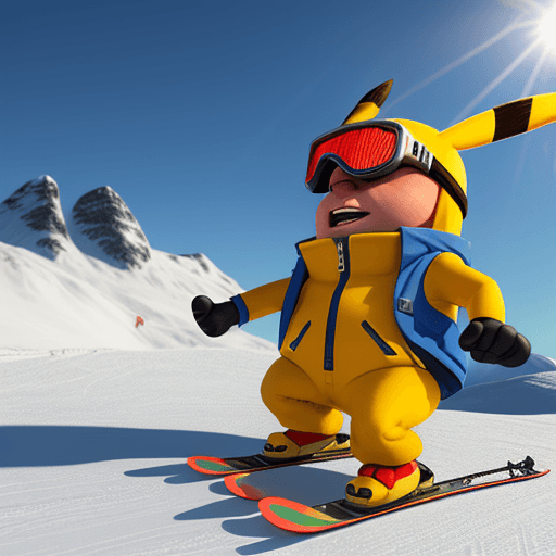 AI generated: 3D model of computer game character, minion pikachu wearing a norway ski suit, background is a ski s...