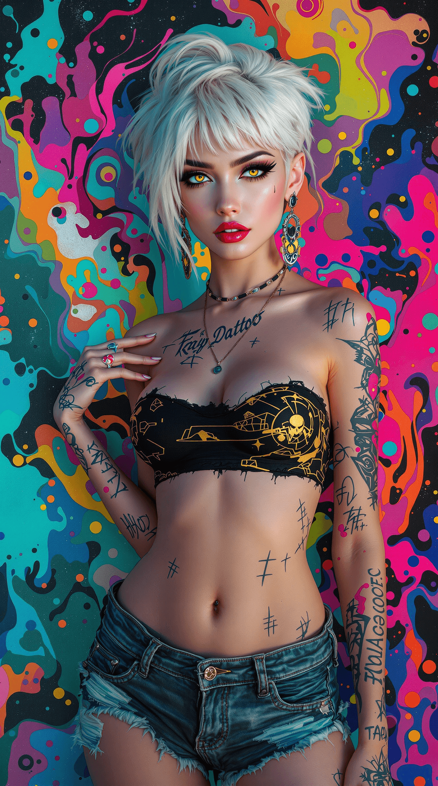 AI generated: an abstract, vibrant portrait of a 22 year old Thai woman, blending punk aesthetics with elegance an...
