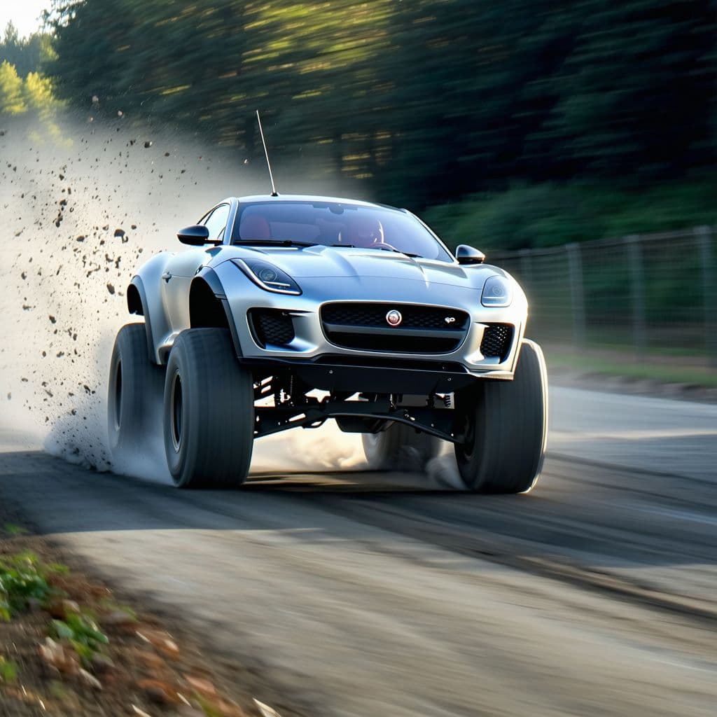 AI generated: photography, sports shooting, dynamic range, dynamic motion with jaguar ftype 4x4 Monster Truck driv...