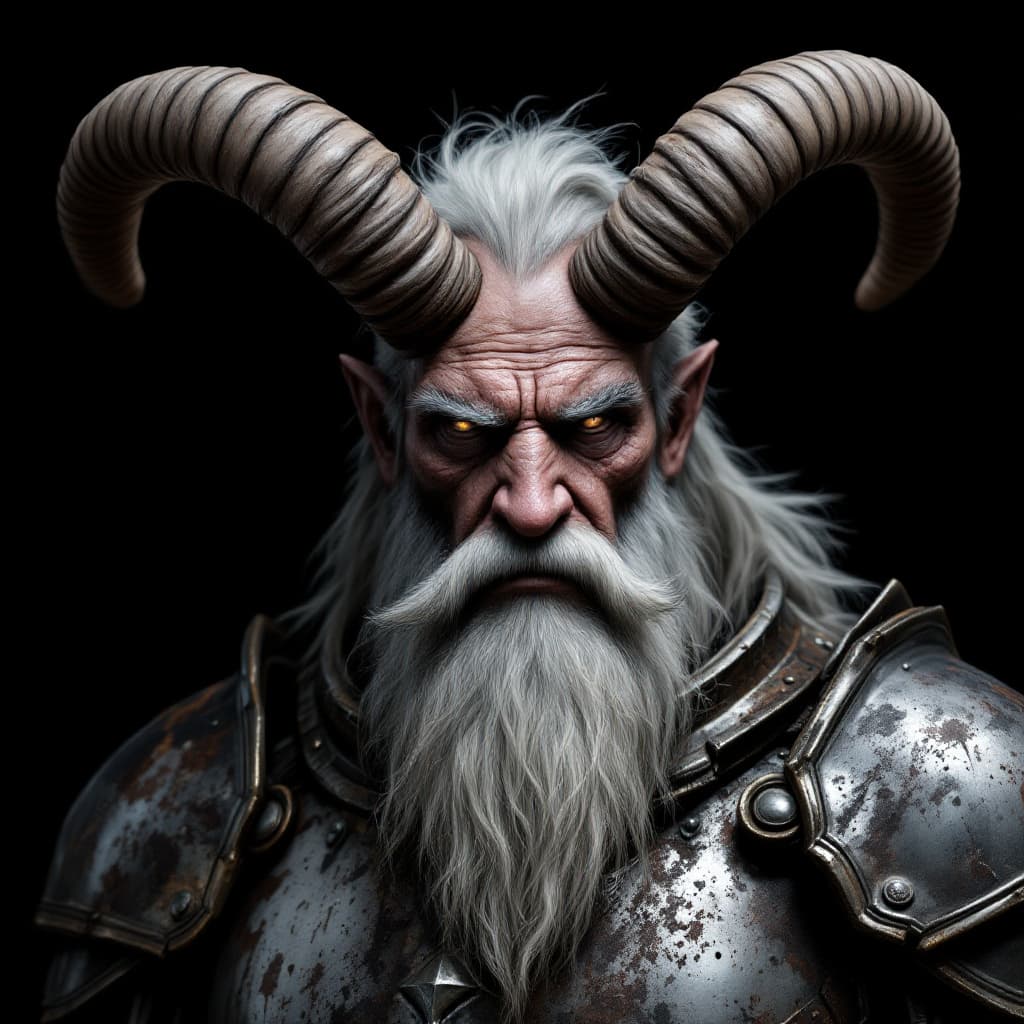AI generated: Create an image of an elderly centaur, a powerful and wise figure with a heavily worn and battle-sca...