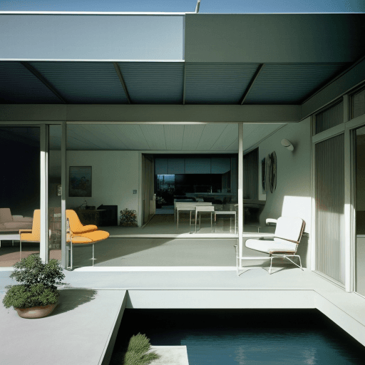 AI generated: Hyper realistic eye level exterior photo of a mid century modern style house overlooking the ocean, ...