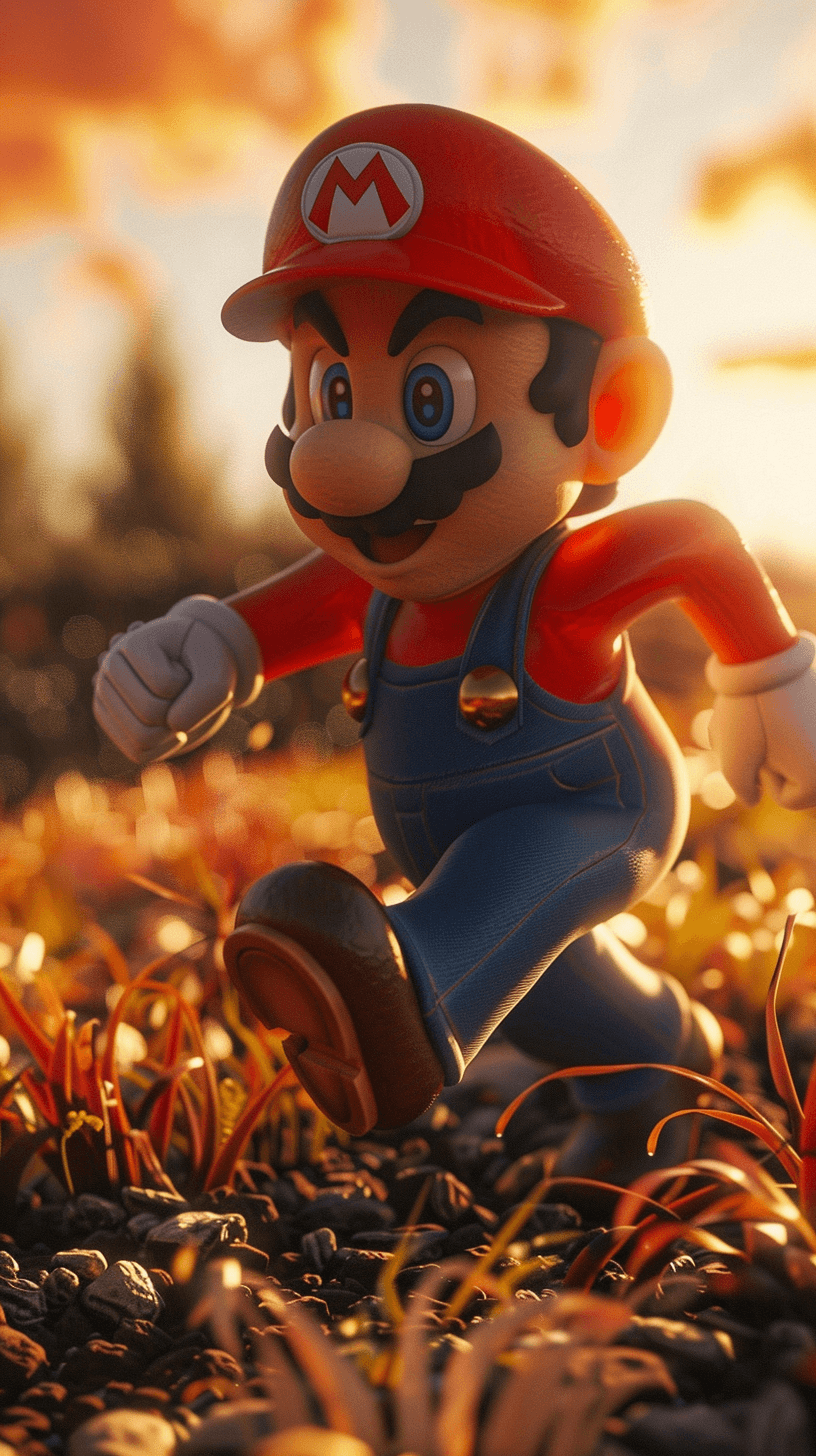 AI generated: Super-Mario running, Mushroom Kingdom background, 32k, closeup, trending on polycount 3D, game, cine...