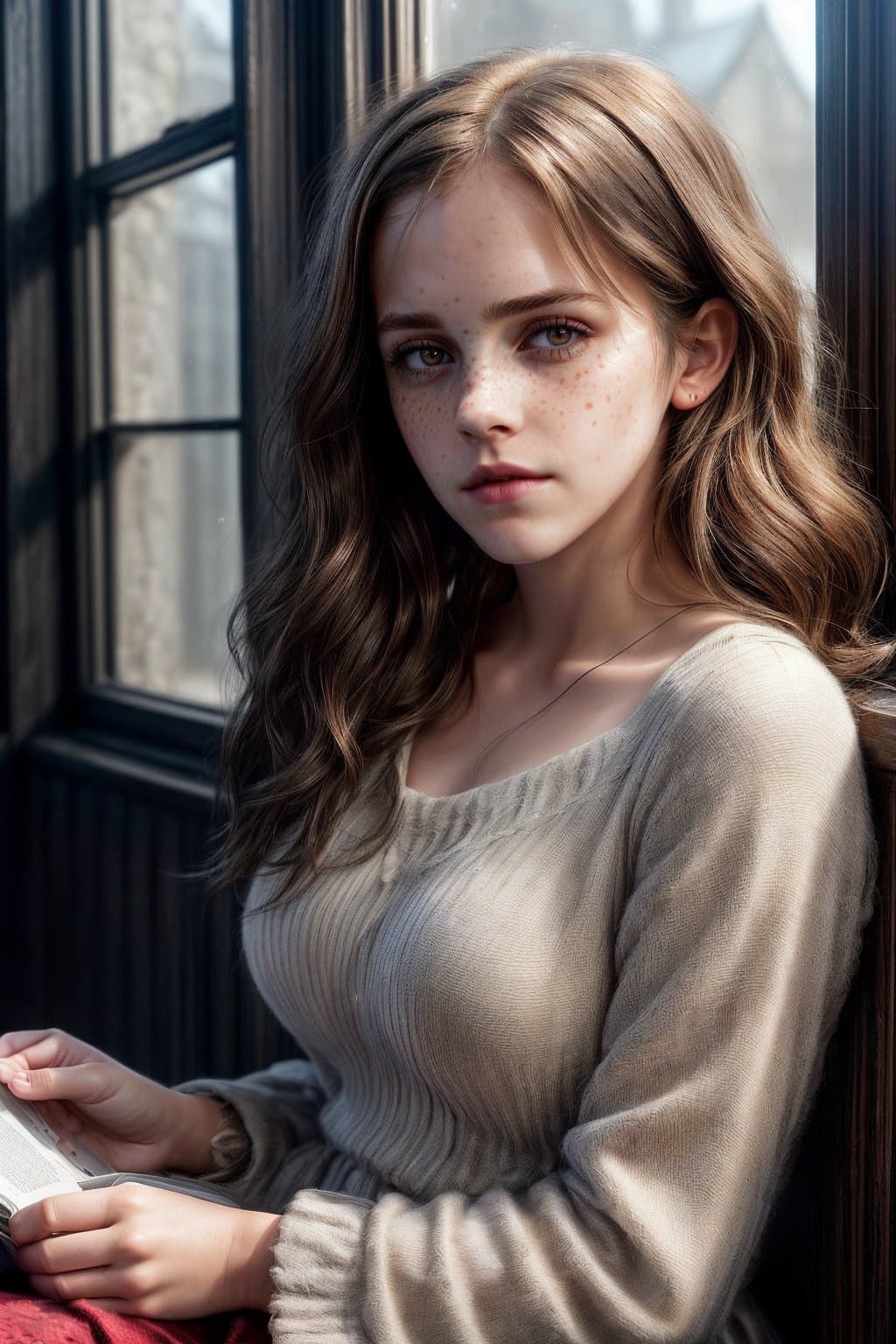 AI generated: (1 girl) portrait of Emma Watson as Hermione Granger sitting next to a window reading a book, other ...