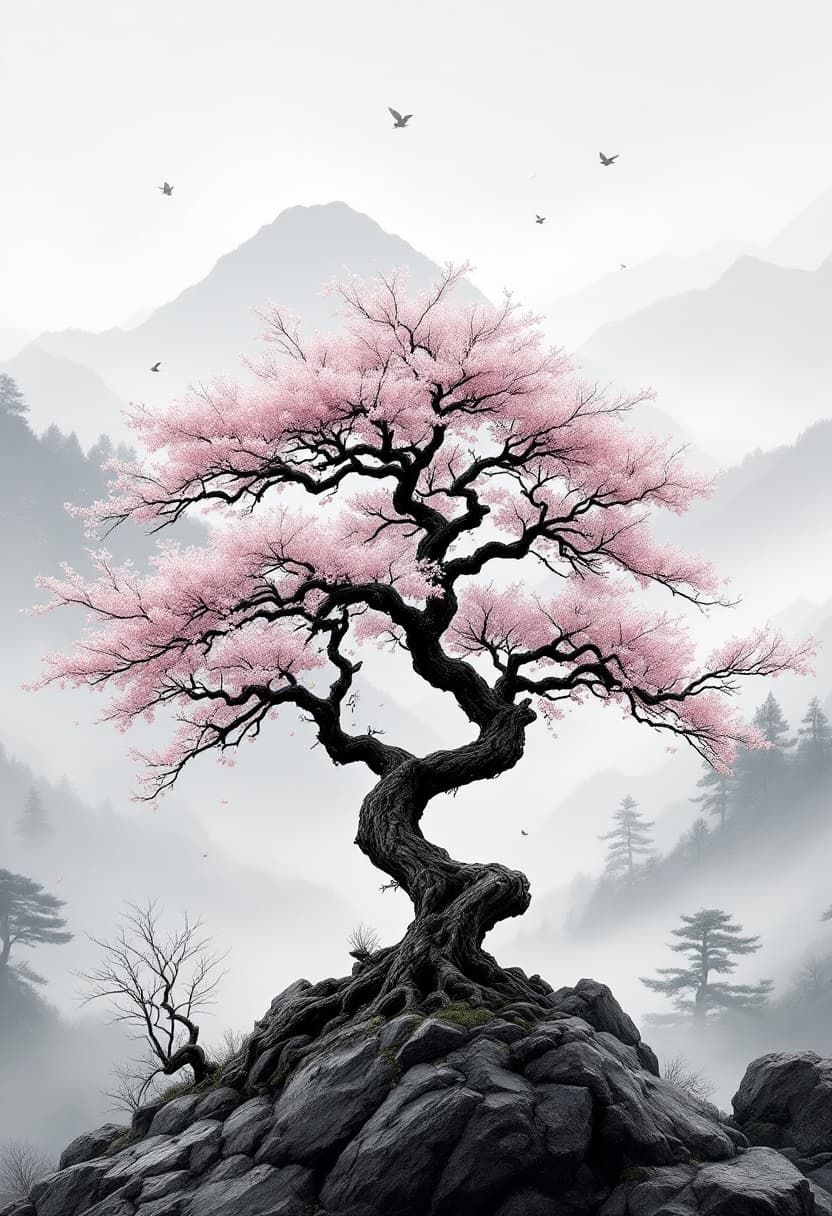 AI generated: Traditional Japanese cherry tree with a naturally twisted trunk and realistic branch structure. with...