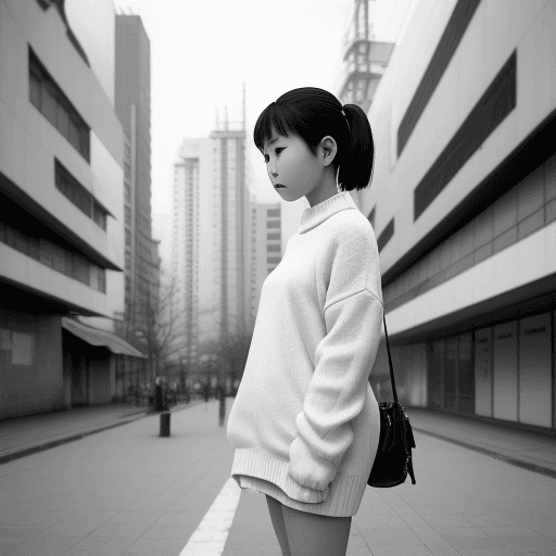 AI generated: Girl, white sweater, standing in a city, in the style of kenro izu, pierre-mony chan --ar 73:98 --st...