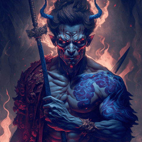 AI generated: Artgerm, WLOP, Greg Rutkowski; skinny man with hannya mask WIELDING aN axe, blue infernal flames in ...