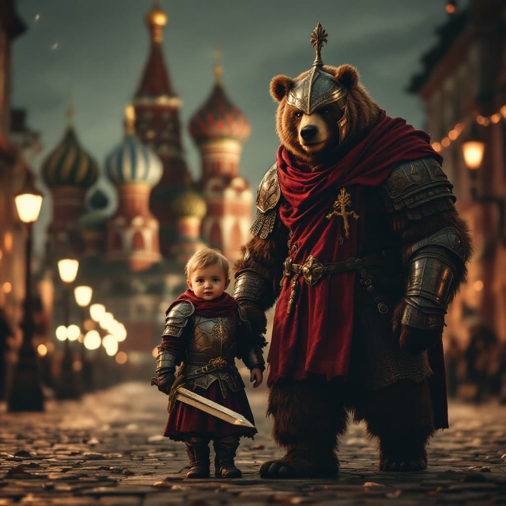 AI generated: A cute baby(1.3) standing on the street, baby dressed in armor with russia ornaments, braun bear(gia...