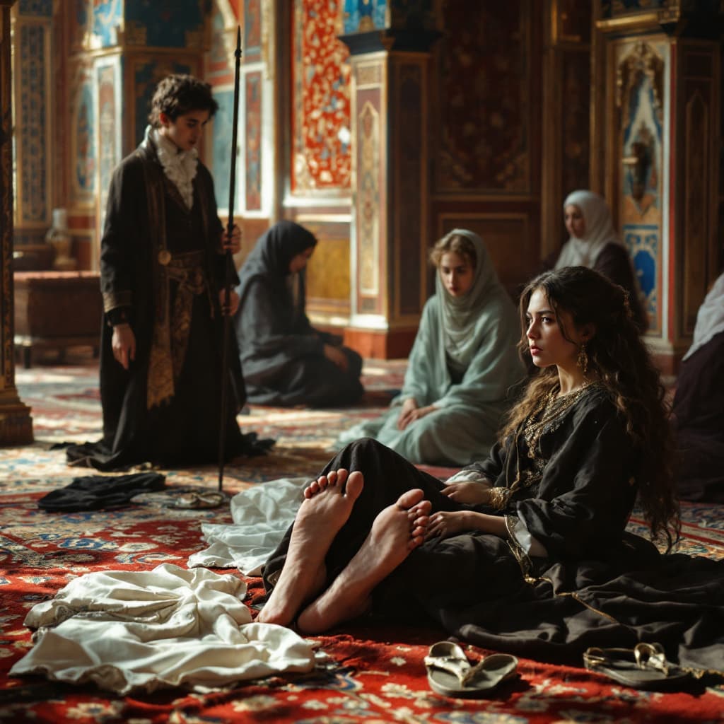 AI generated: A richly adorned Qajar-era harem room with women in traditional Persian attire seated on ornate carp...