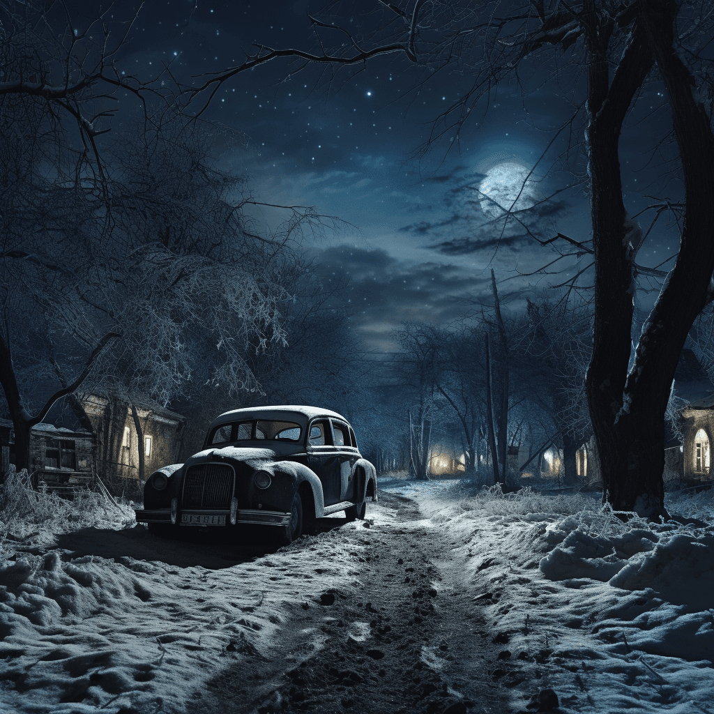 AI generated: night view of an avenue with trees and buildings, siberian city, abandoned in 1950, illuminated only...