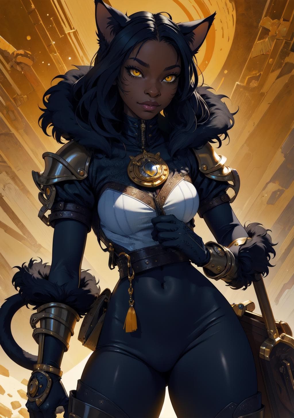 AI generated: (masterpiece), (best_quality), (ultra-detailed), (photorealistic, ), 1girl, tabaxi, khajiit, black f...
