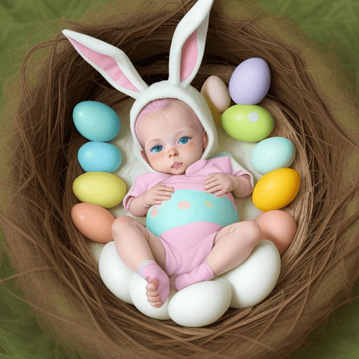 AI generated: extremely colorful painted human baby like Bux Bunny hidden as an egg in the easter nest