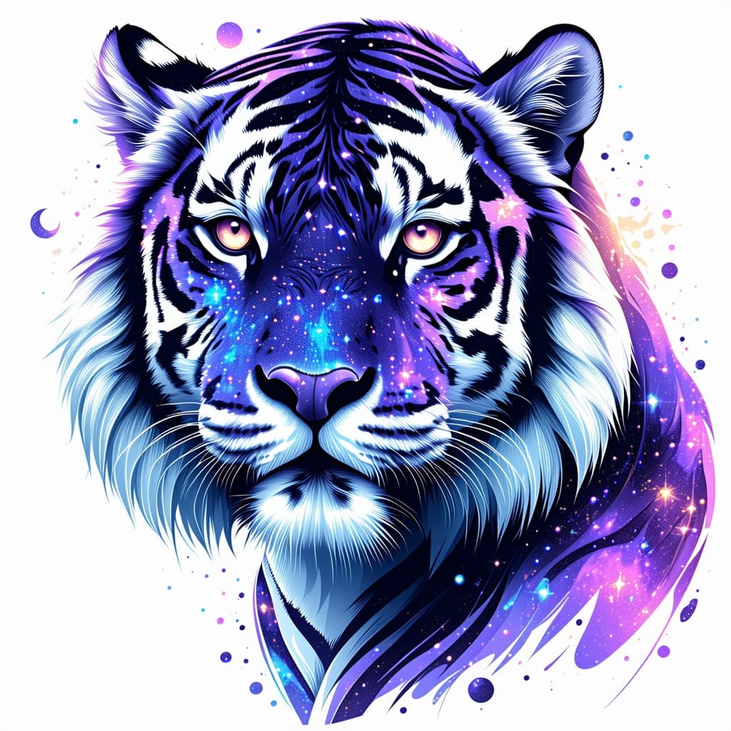 AI generated: "A bold and clean illustration of a cosmic tiger designed for stickers. The tiger's face is filled w...