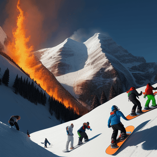AI generated: Photo of a realistic mountain and snowboarders and fire