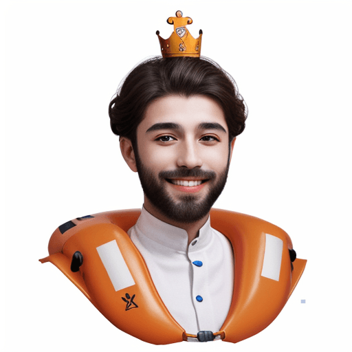 AI generated: narval, smiling, crown on head, in lifejacket, white background