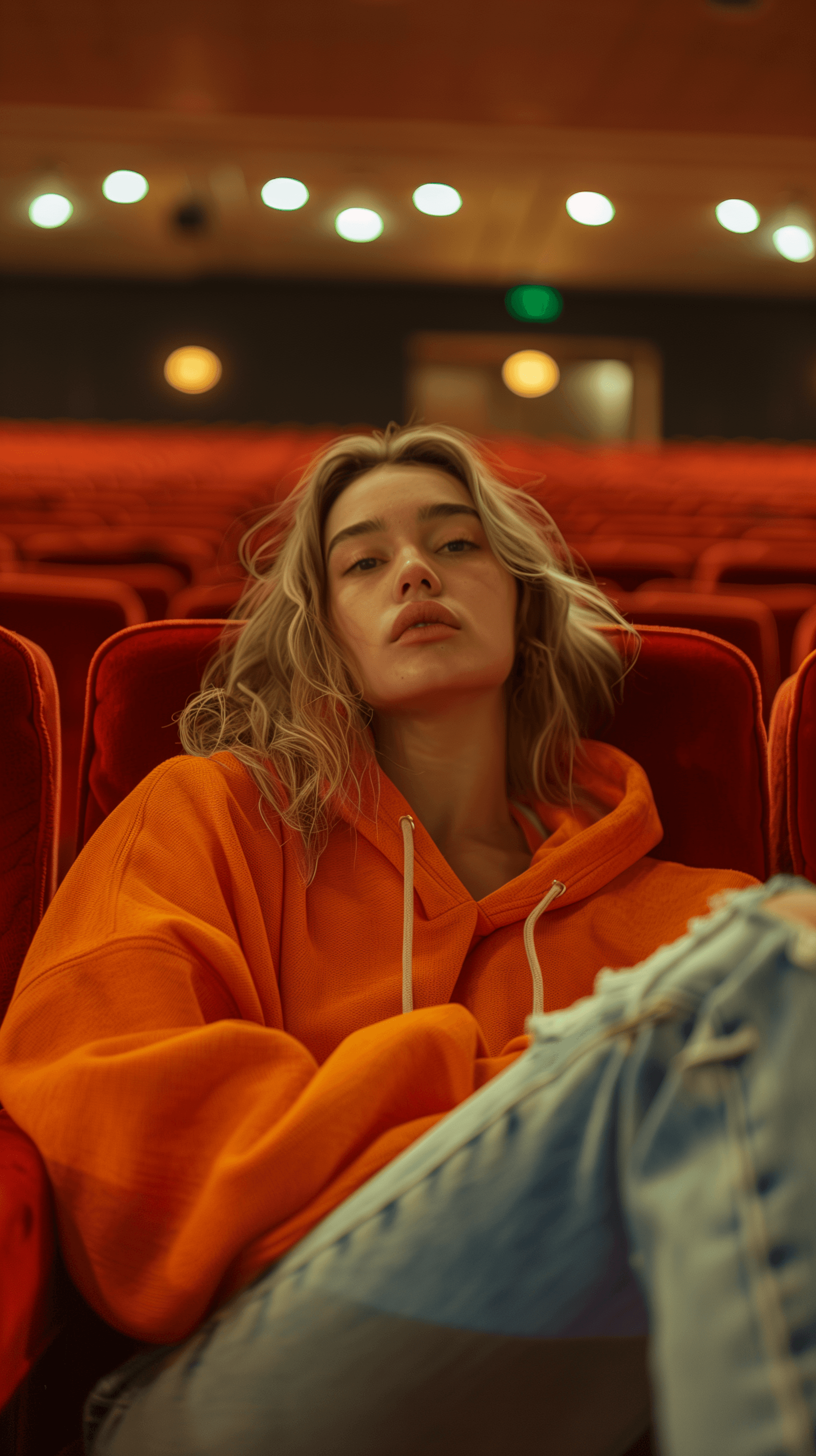 AI generated: photography, vast emptiness of a movie theater serves as the backdrop for a moment of carefree repos...