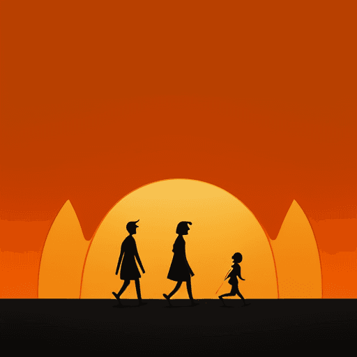 AI generated: 2D silouette of people walking on orange background with a curve dot-line in the sky 