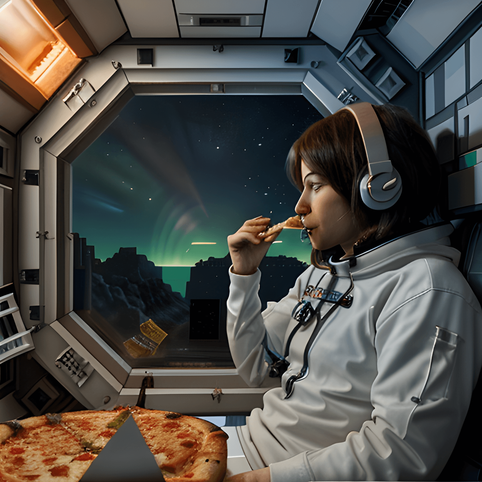 AI generated: An astronaut eating a pizza slice inside the spaceship, bright lights,minecraft style