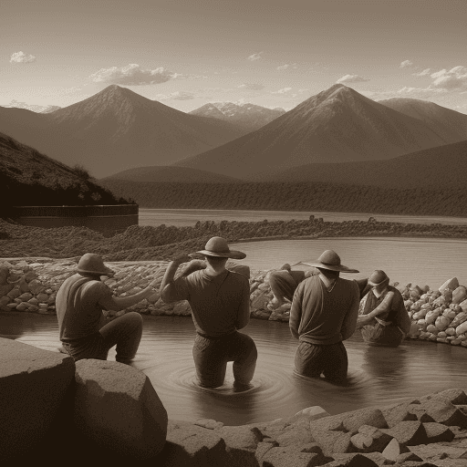 AI generated:  Sepia tone photo showing four men piling large square rocks to construct a huge high dam for a rese...