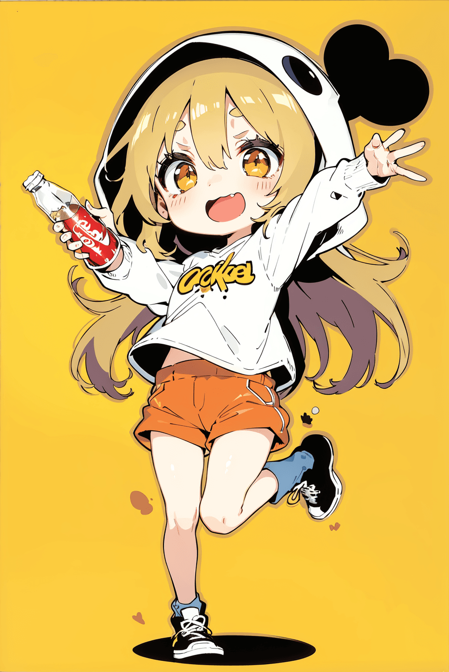 AI generated: masterpiece, best quality, yellow background, polka dot background, (chibi:1.2), 1girl, full body, (...