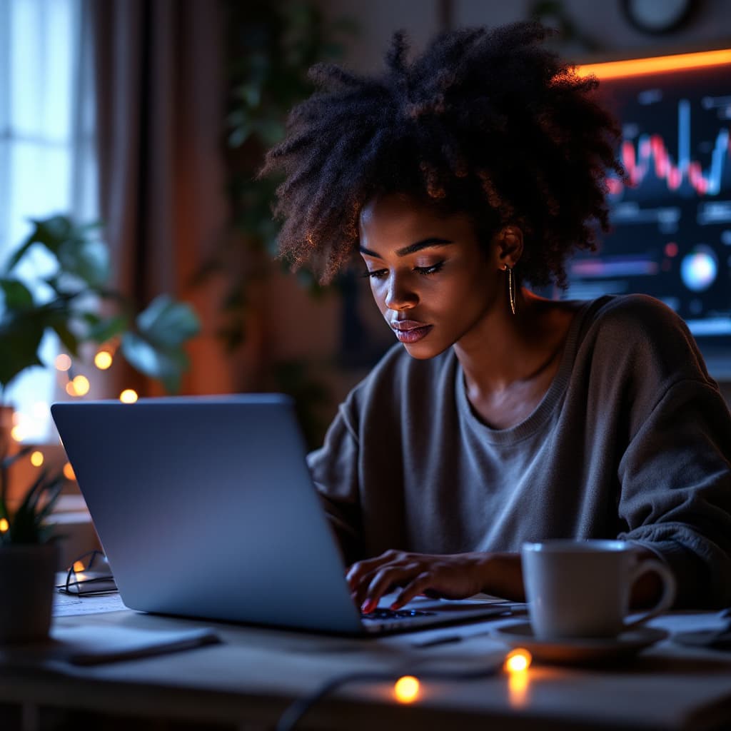 AI generated: A young African woman with deep focus, coding on a sleek laptop in a cozy, well-lit workspace. Neon ...