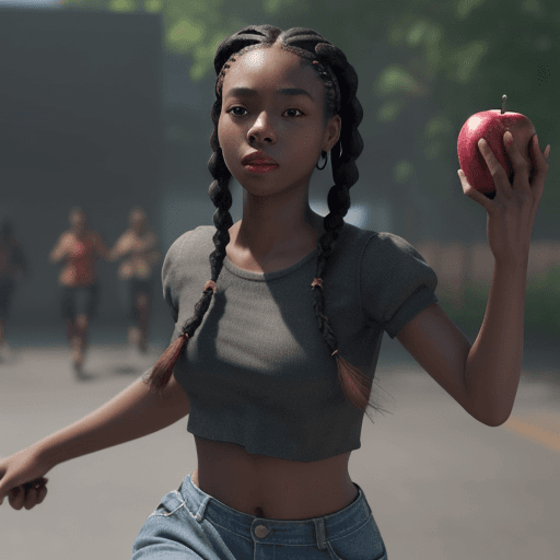 AI generated: Black girl with braids holding apples runs from people chasing her, hyper-realism, high detail, octa...