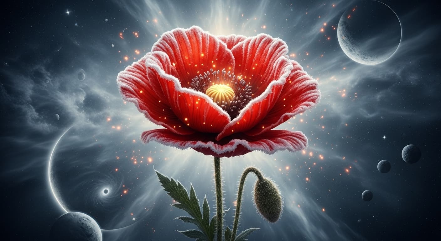 AI generated: ( : Magic flowers), a lonely huge red poppy with frost-covered petals) Magic, fairy-tale, intricate,...
