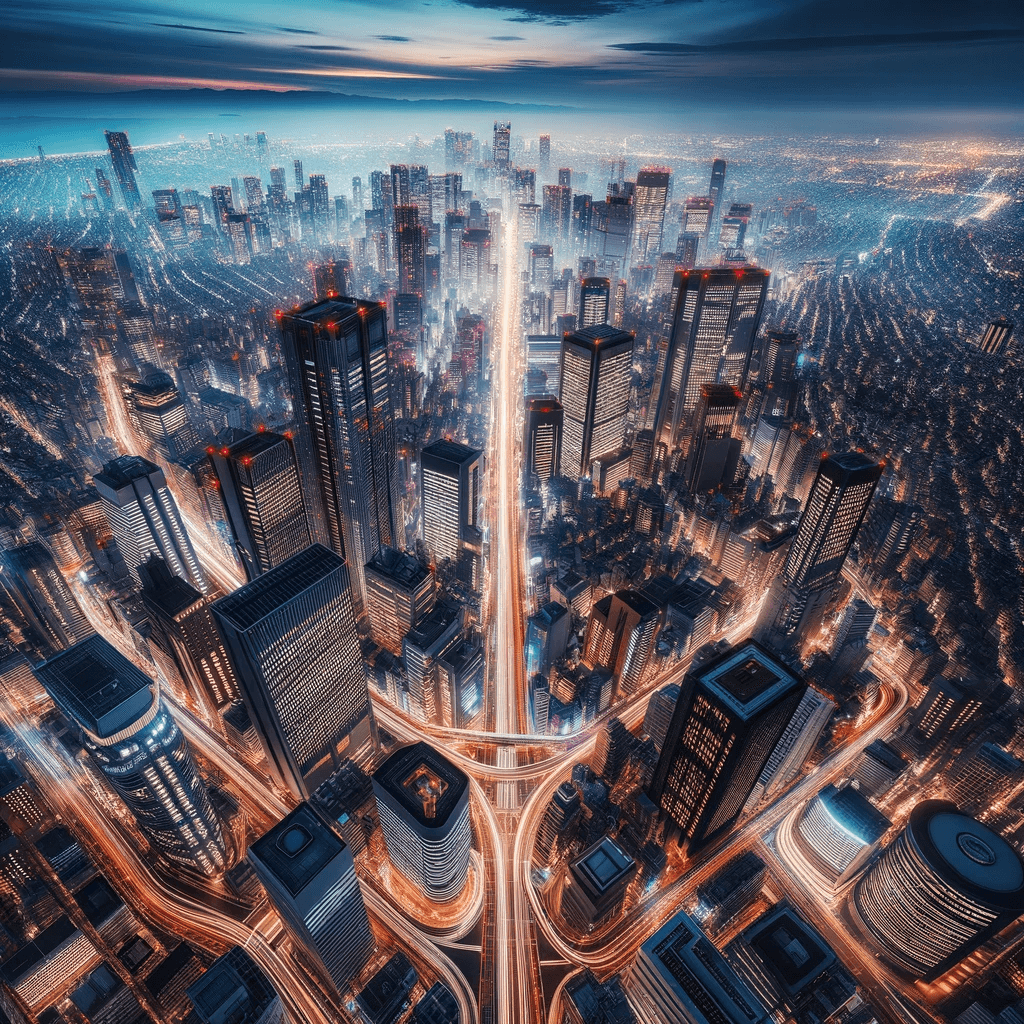 AI generated: An elongated photograph using long exposure, taken from the zenith of a skyscraper, revealing the ma...
