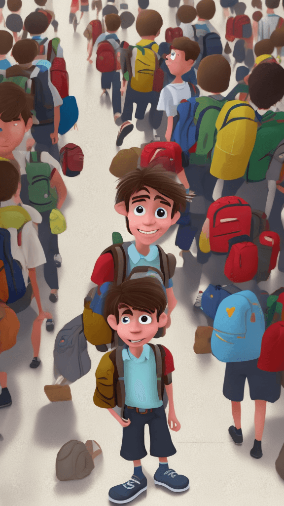 AI generated: "A young boy named Jack, with messy brown hair and a nervous expression, standing alone in a crowded...