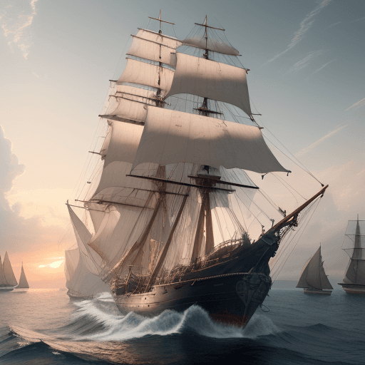 AI generated: Photo of a ultra realistic sailing ship, pale sunrise, cinematic lighting, battered, low angle, tren...