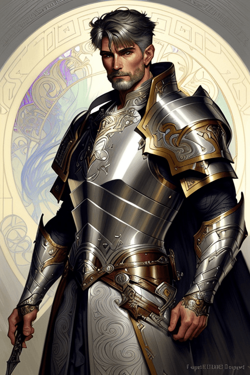 AI generated: redshift style, painted portrait of a paladin, masculine, mature, handsome, upper body, grey and sil...