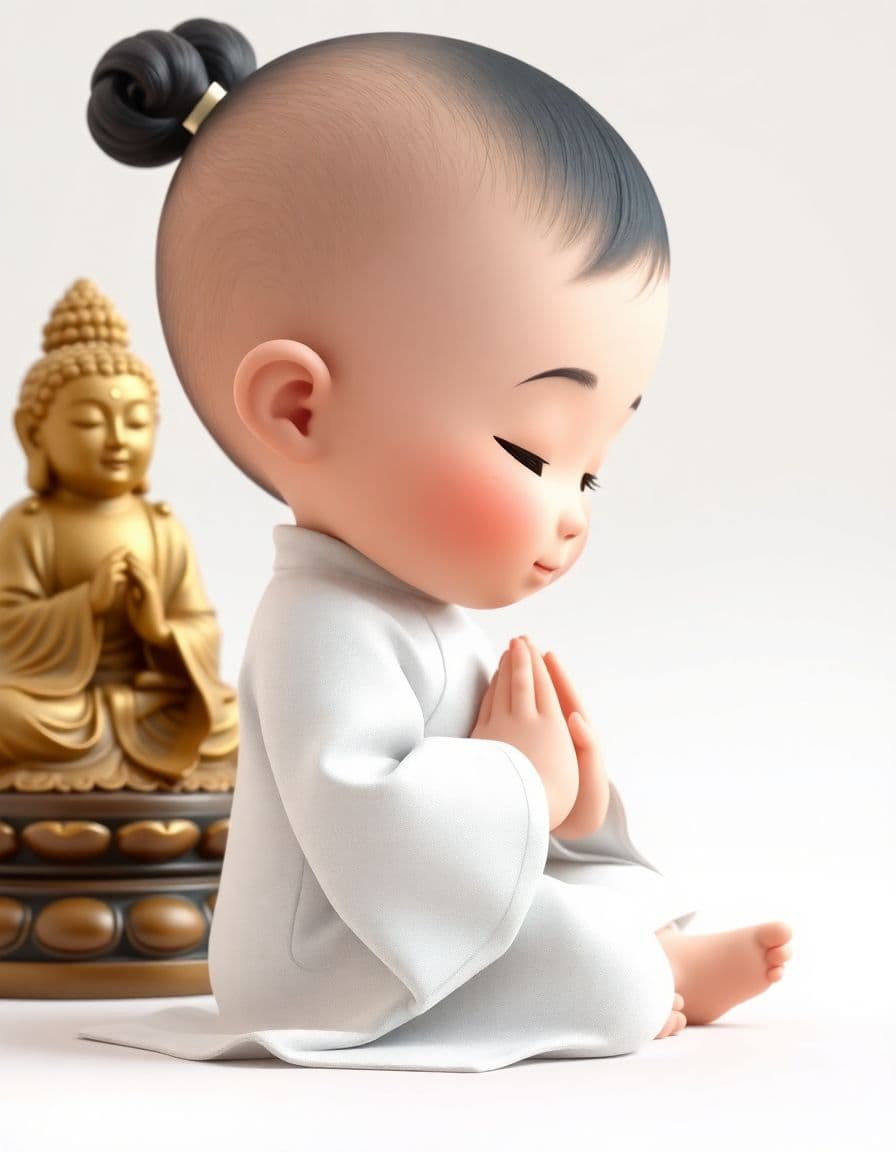 AI generated: whimsical Realistic of Pixar,Bryce 3D,side-view,a kawaii, chubby-cheeked Asian baby girl kneeling in...