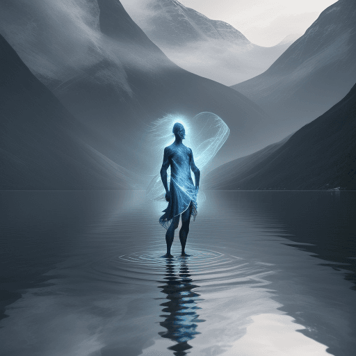 AI generated: A mesmerizing image of an ethereal sorcerer | standing in water, a serene morning fjord | evoking a ...