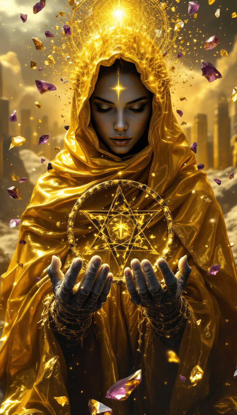 AI generated: A regal figure cloaked in a liquid gold mantle clutches four crystalline pentacles, their hands tigh...