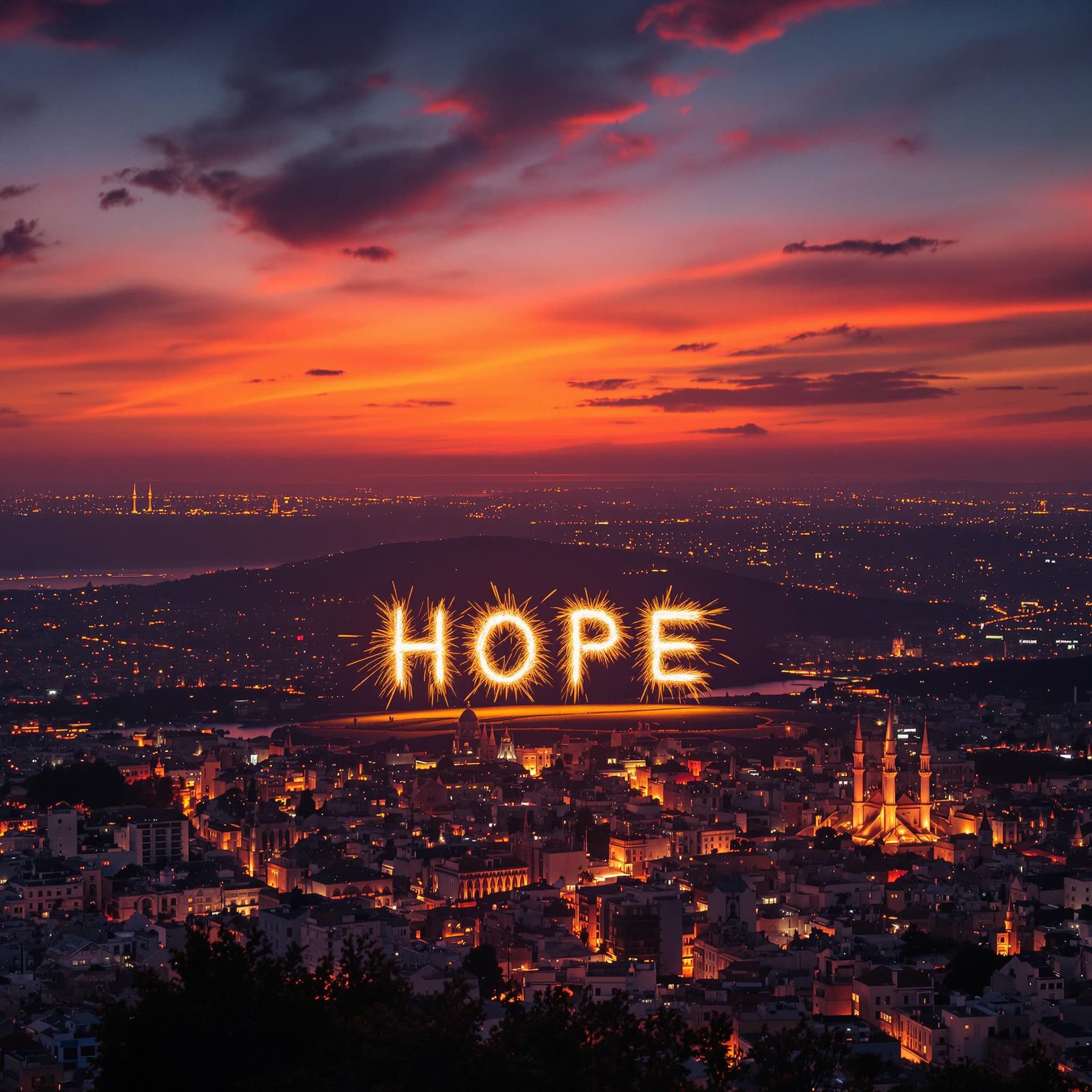 AI generated: Lanscape photo of a stunning Sunset and the word "HOPE" written with fireworks over the city of Beir...