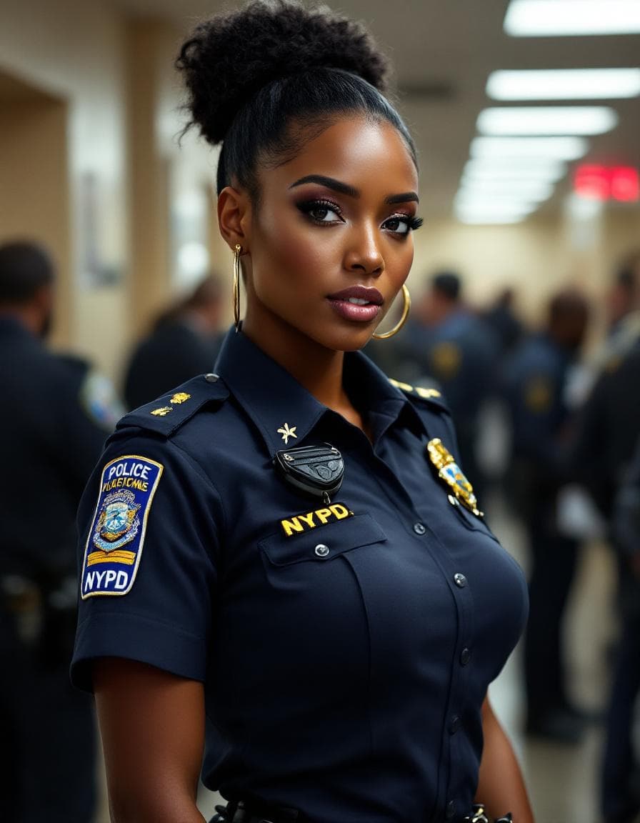 AI generated: Hyper-realistic photo of a gorgeous Afro-American police woman, high bun dark hair, Gold hoop earrin...