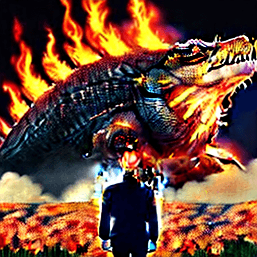 AI generated: A vintage photo shows a giant president bidenzilla breathing flames all over America as citizens fle...