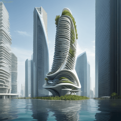 AI generated: architecture, water co-habitation, design, futuristic, rising sea levels, conceptual, level changes,...