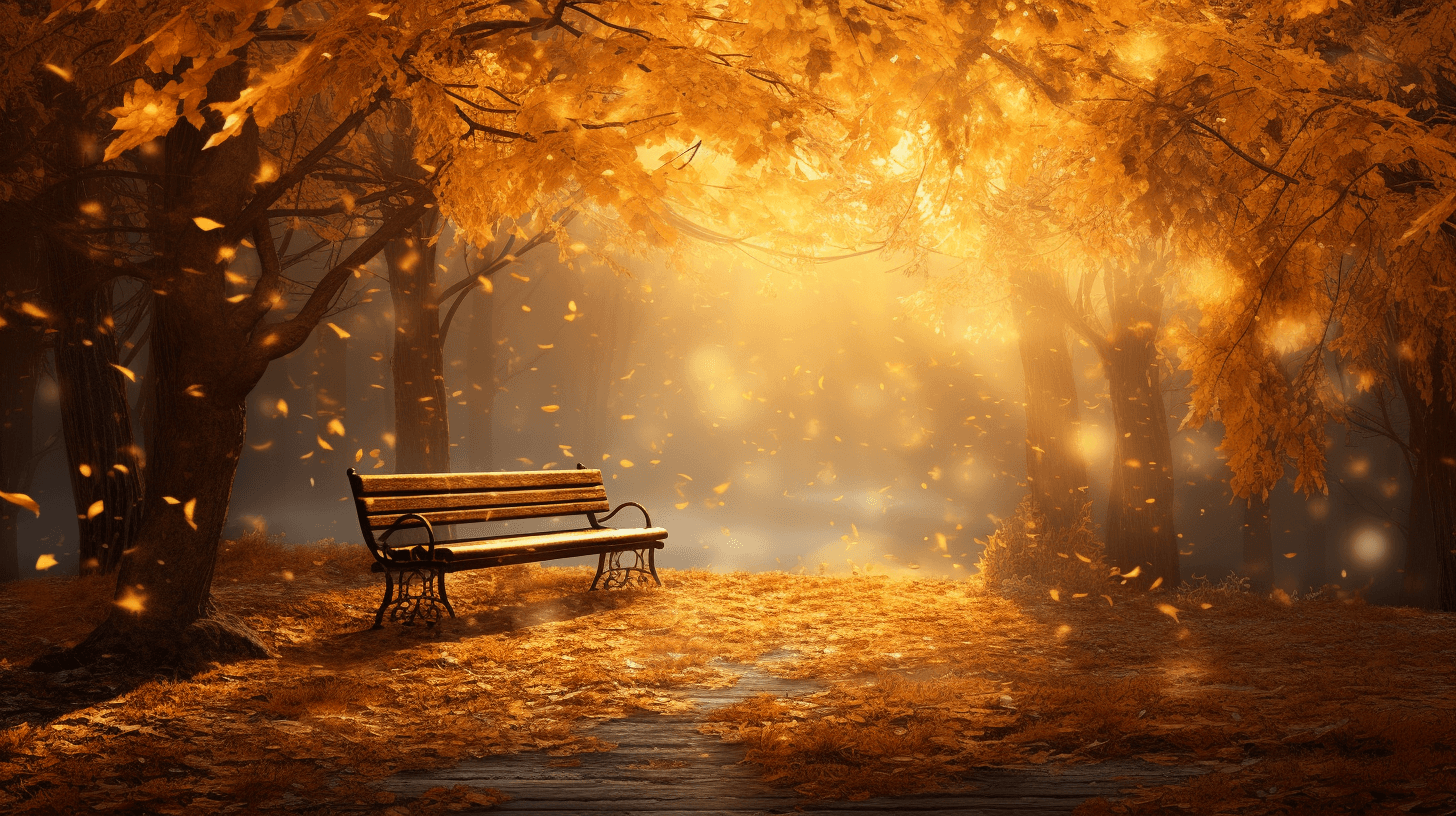 AI generated: golden leaves fall behind a bench at the end of a road, in the style of nyc explosion coverage, ligh...