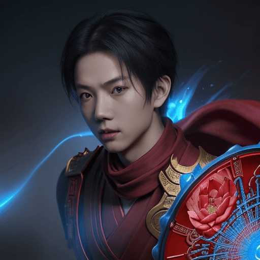 AI generated: Nezha, boy, Chinese mythology,Red scarf, Fiery wheels, Lotus flower, Magical weapons, blue, Closeup ...