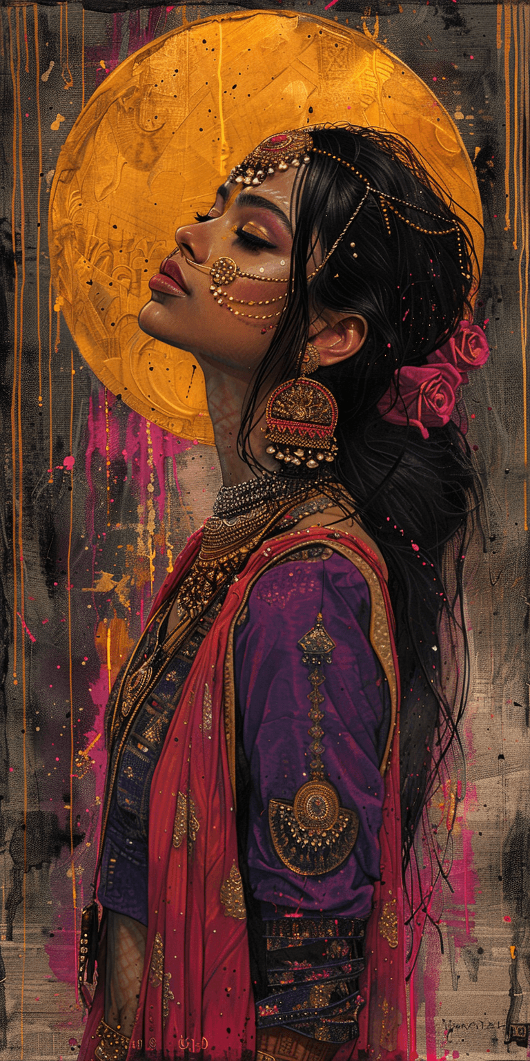 AI generated: pop art portrait of an Indian woman in traditional attire, with gold jewelry and vibrant colors, bac...