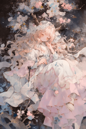 AI generated: 35°, a whimsical anime girl dissolving into ethereal, pastel clouds, blending seamlessly with waterc...