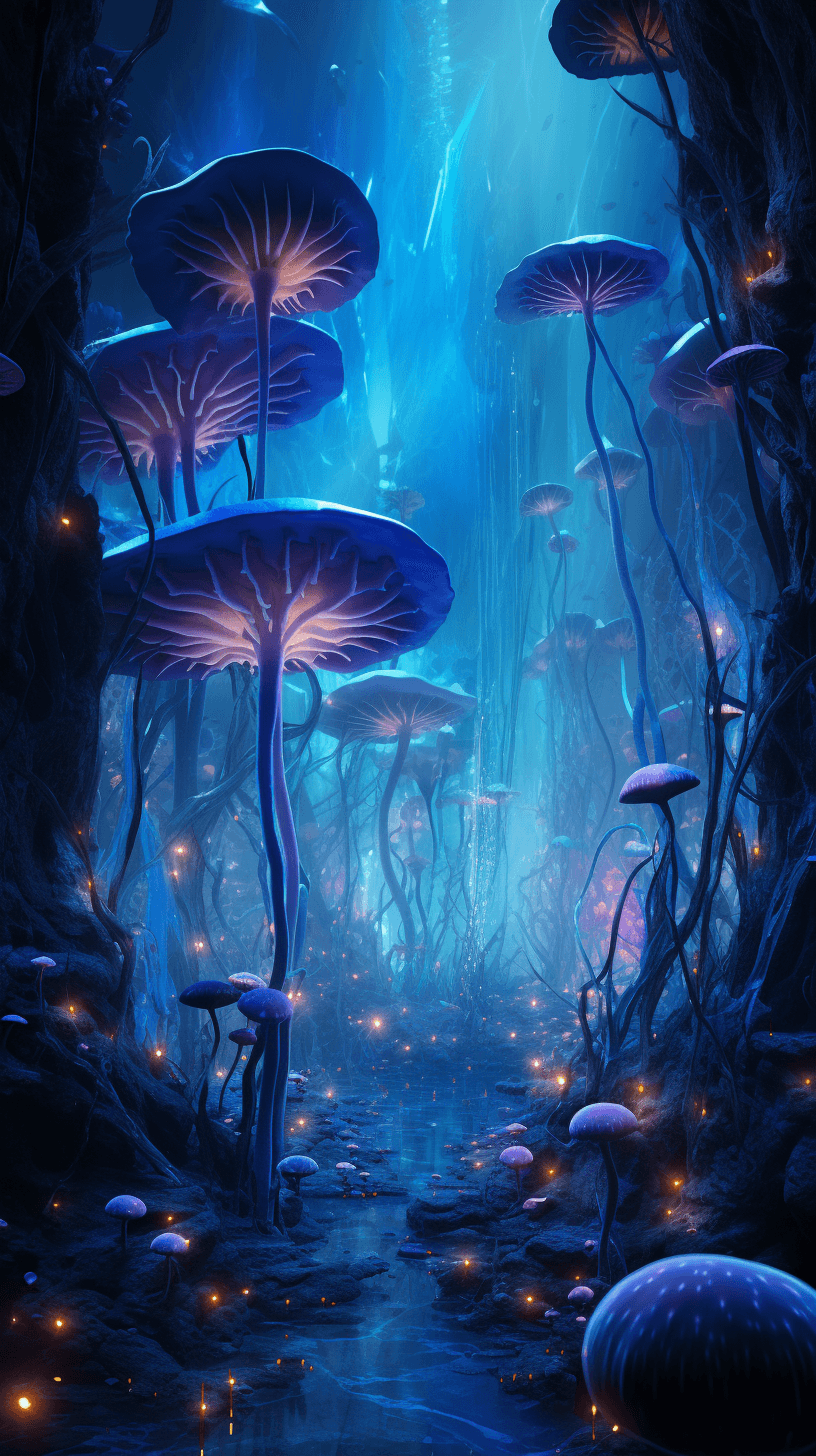 AI generated: dense forest of magic blue giant mushrooms::2, calm water stream, snow on the ground, winter season,...