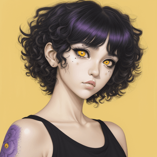 AI generated: tiger wolf is a girl with short curly hair and black eyes, in the style of miho hirano, scott rohlfs...