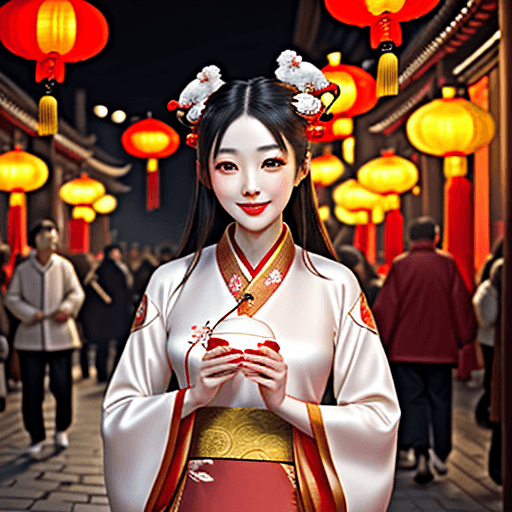 AI generated: realistic beautiful Chinese girl  beautiful eyes long nose+ red lips smiling in luxurious hanfu walk...